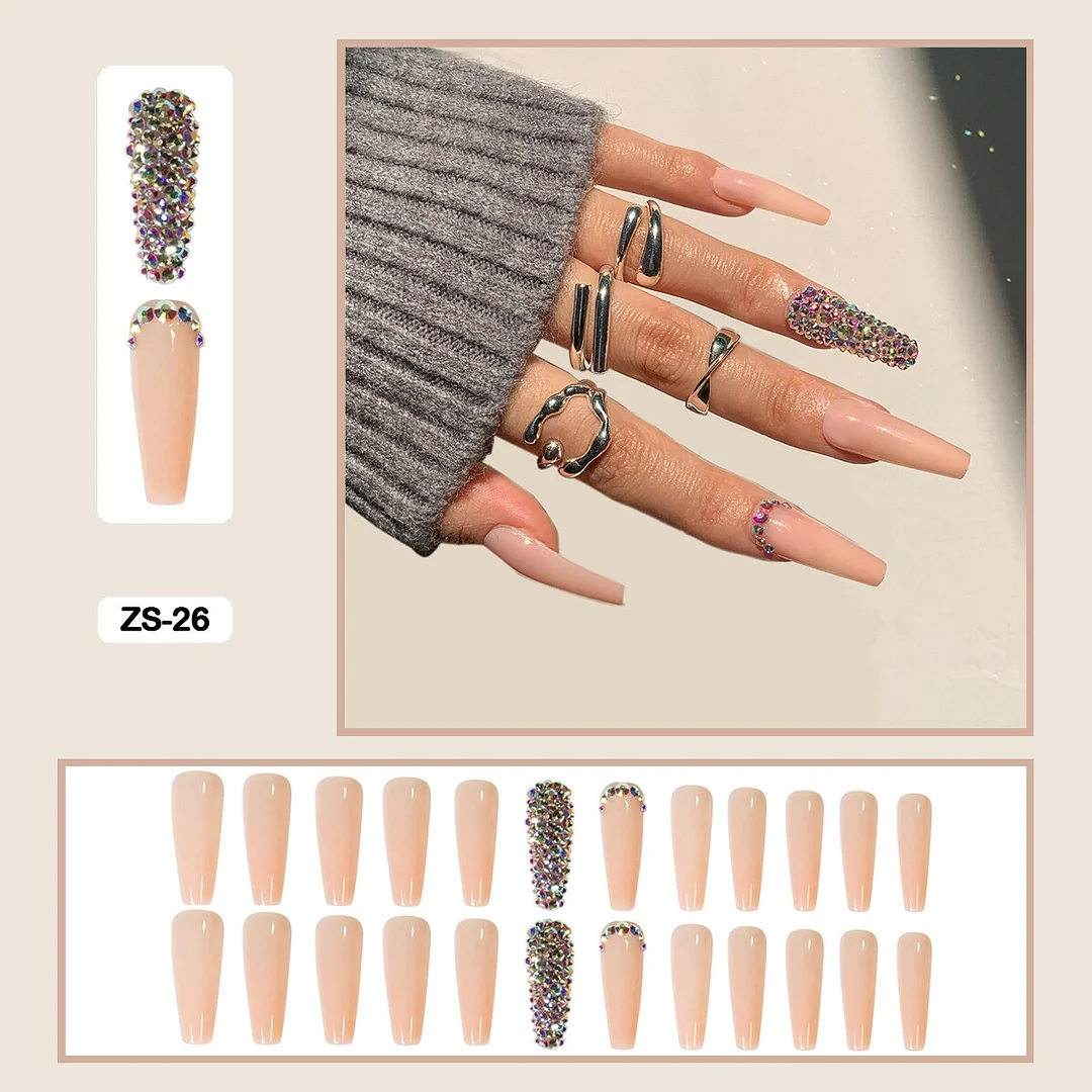 24pcs/box  Long Trapezoid Fake Nails  WIth Jewels Decorated Wearabel False Nails With Glue And Wearing Tools-Nail Inspo