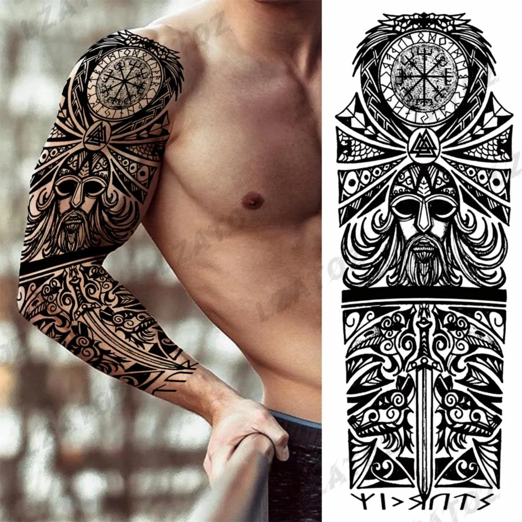 Sdrawing Sleeve Temporary Tattoos For Men Women Realistic Pirate Ship Wolf Tiger Skull Rose Flower Fake Tattoo Sticker Arm Tatoos