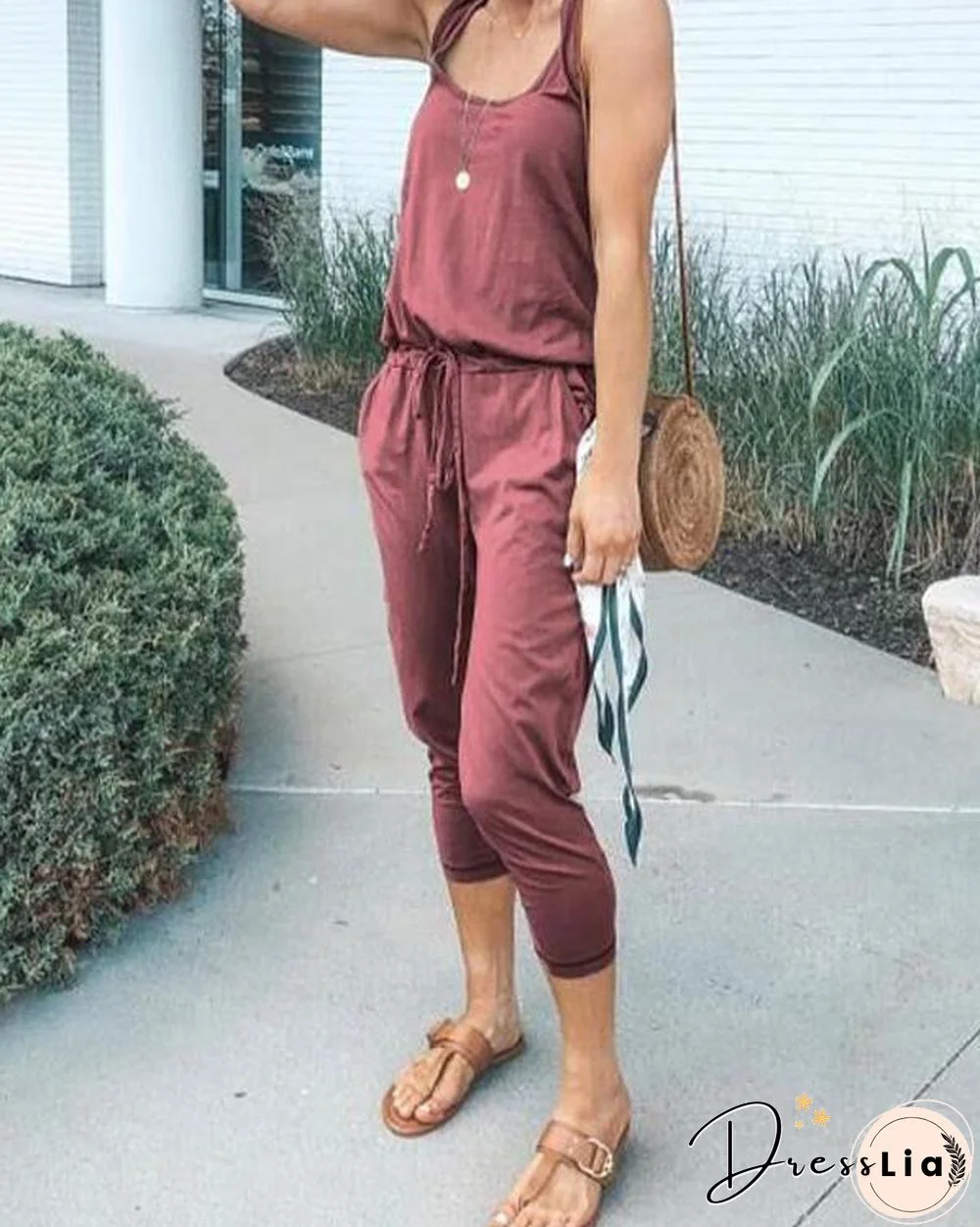 Summer Casual Lace-Up Sleeveless Solid Jumpsuit