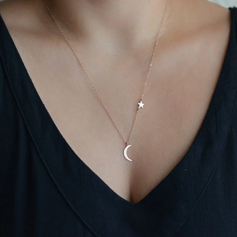 Simple copper moon and star pendant necklace