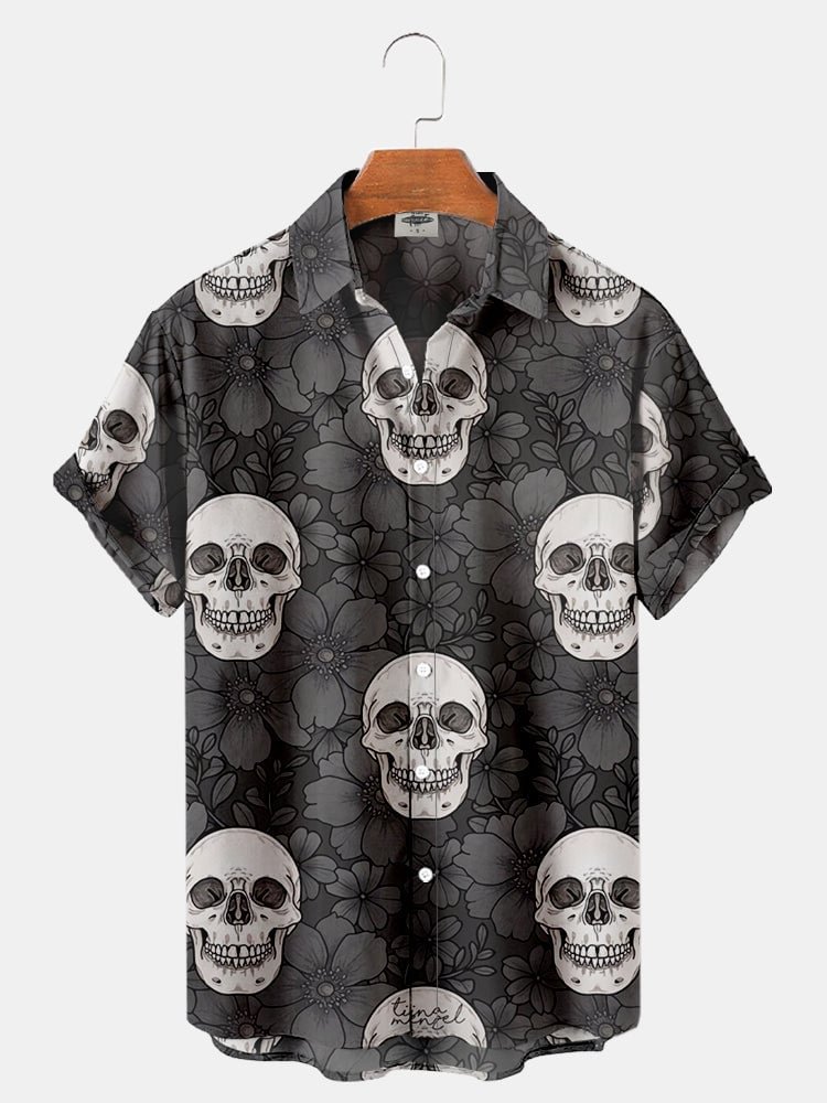 Day Of The Dead Flower Skull Print Lapel T Shirt