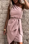 Solid Color One Shoulder Studs Party Dress