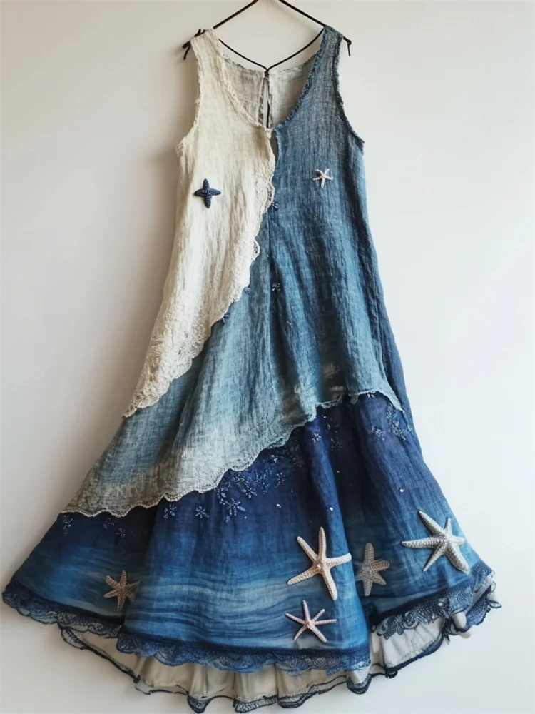 Utbros Starfish Embroidered Sea Waves Gradient Lace Flowy Linen Dress