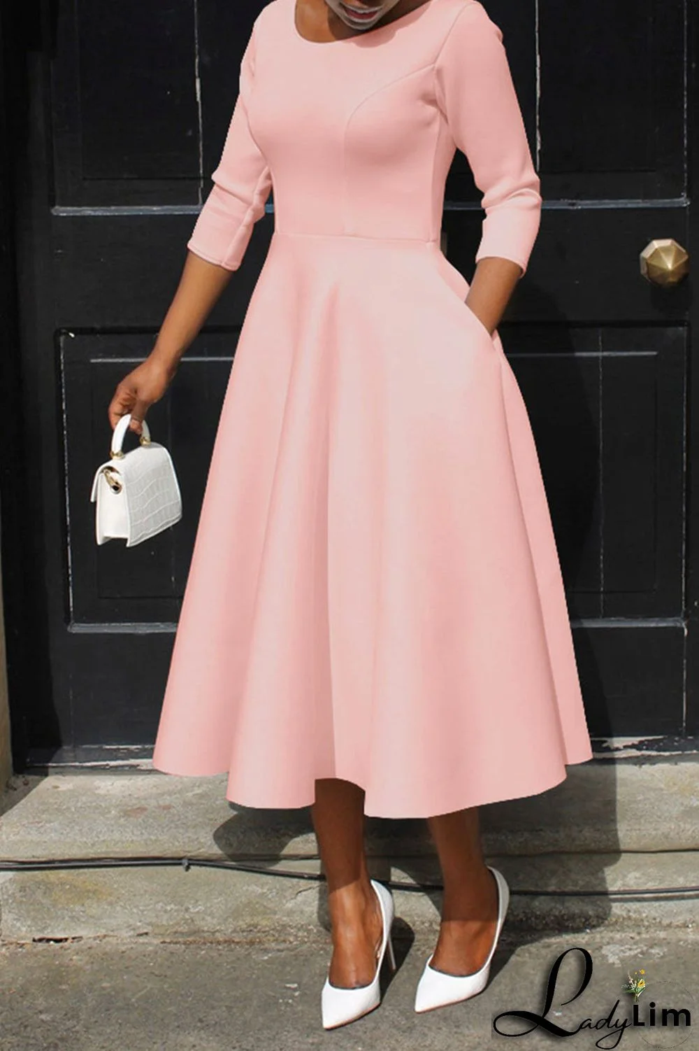 Pink Casual Elegant Solid Patchwork O Neck A Line Dresses