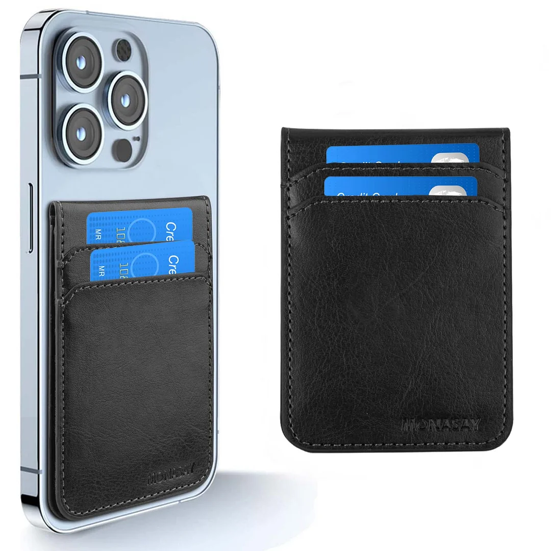 MONASAY Phone Card Holder RFID Blocking Sleeve, Leather Wallet Stand Applicable to iPhone 14/14 Plus/14 Pro/14 Pro Max and Apple iPhone 13/12 Series,4 Card Slots Black