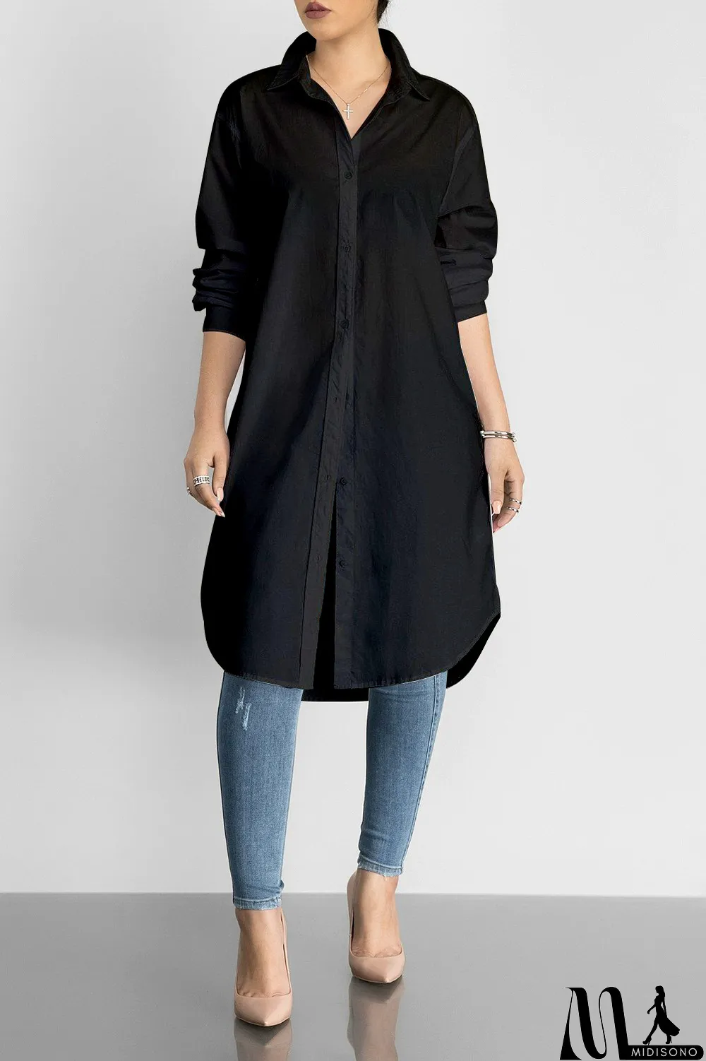 MidiSono - Plus Size Solid Long Sleeve Long Style Shirt Tops