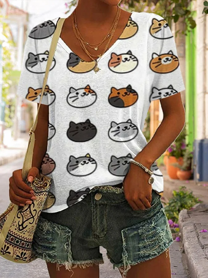 Women's Animal Cat Print Casual V-Neck T-Shirt