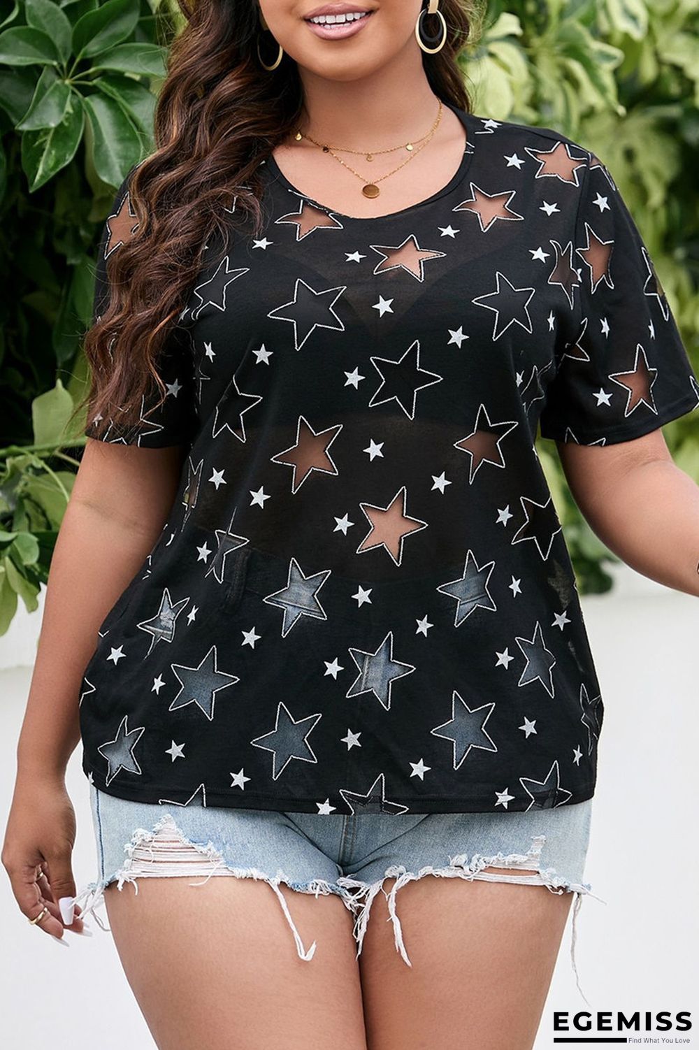Black Fashion Casual Print The stars See-through O Neck Plus Size Tops | EGEMISS