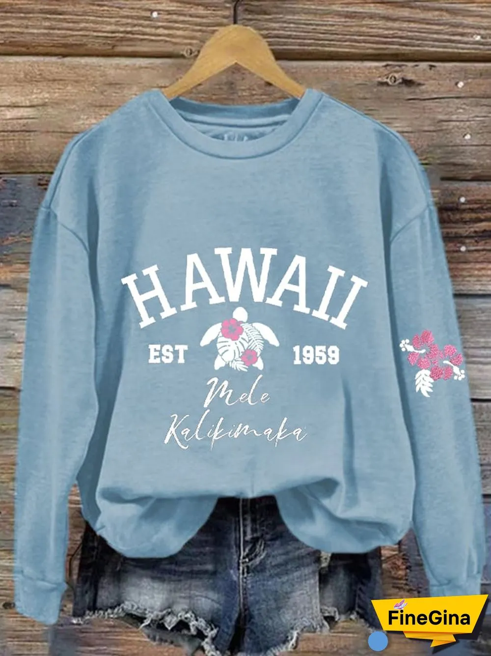Women's Christmas Hawaiian Mele Kalikimaka Hibiscus Flower Sea Turtle Print Sweatshirt