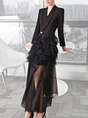 Deep V-Neck Long Sleeve Split-Joint Mesh Business Maxi Dress