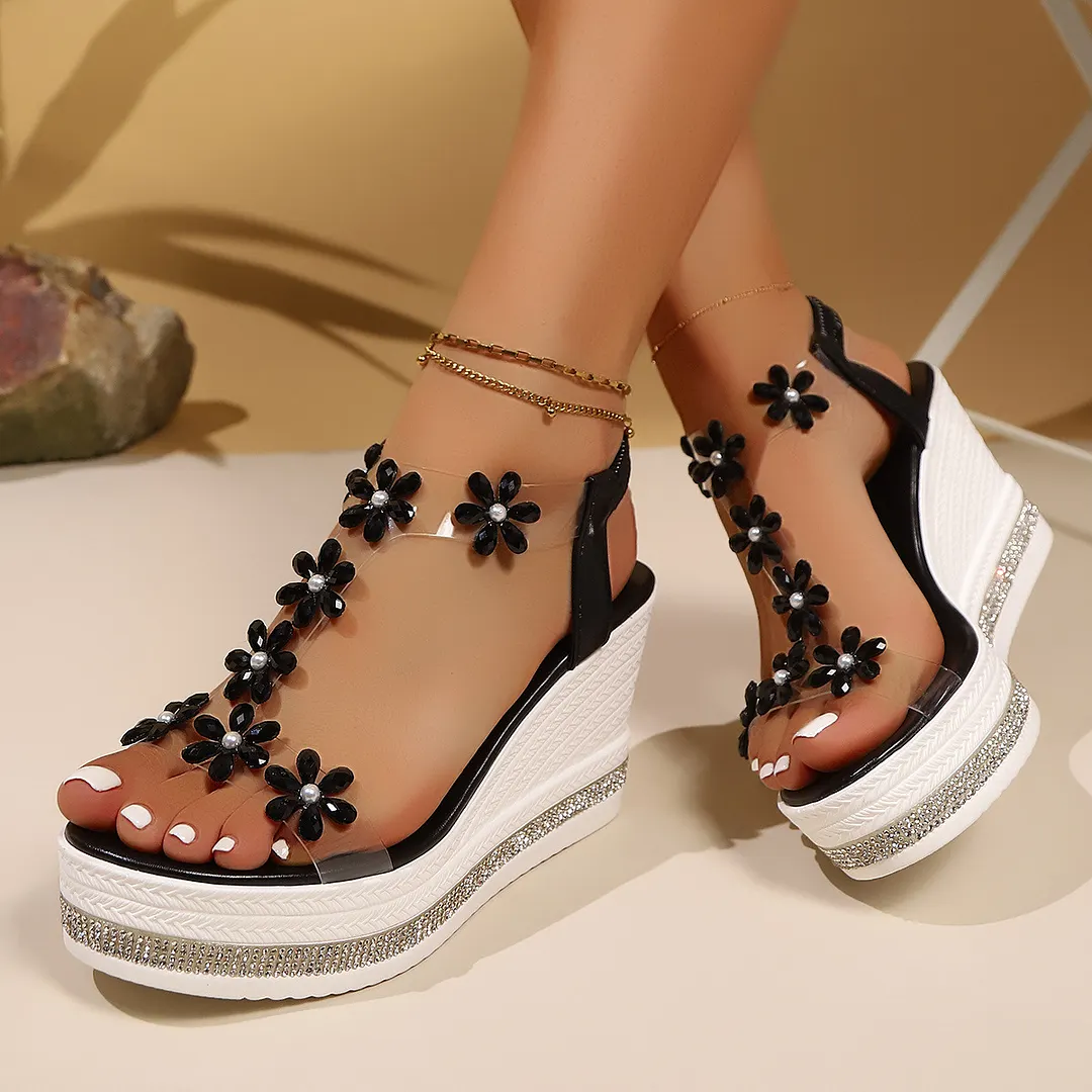 Breakj Breakj Slope And Flower Sandals Women 2025 Summer New Loose With Water Drill Loose Cake Thick-Soled Sandals Women