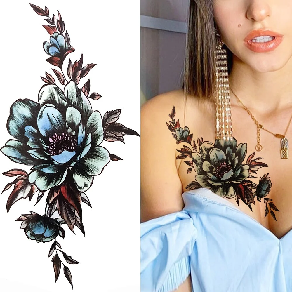 Fake Flower Rose Temporary Tattoos For Women Girl Peony Daisy Deer Moon Tattoos Sticker Black Cluster Body Art Painting Tatoos