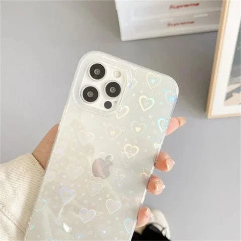 pornhint Pornhint Fashion Gradient Laser Love Heart Pattern Clear Phone Case For iPhone 11 12 Pro Max X XS XR 7 8 Plus SE 2023 Shockproof Bumper