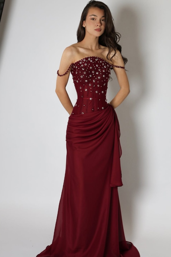 Ovlias Burgundy Spaghetti Strap Prom Dress Mermaid Split with Rhinestone JQ0072