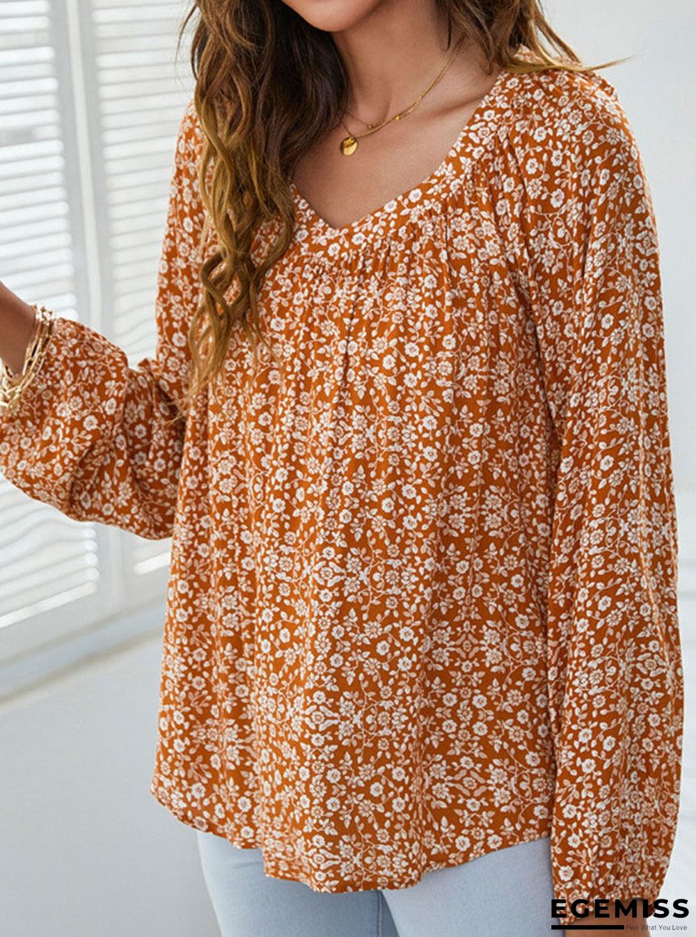 Floral Print V-neck Casual Long-sleeved Blouse | EGEMISS