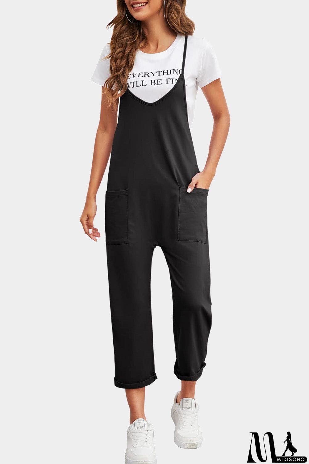 MidiSono - Pocketed Adjustable Spaghetti Strap Straight Leg Jumpsuit