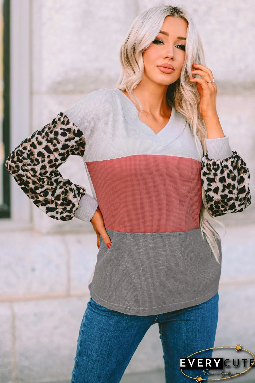 Red Wild Leopard Contrast Sleeve Colorblock Waffle Knit Top