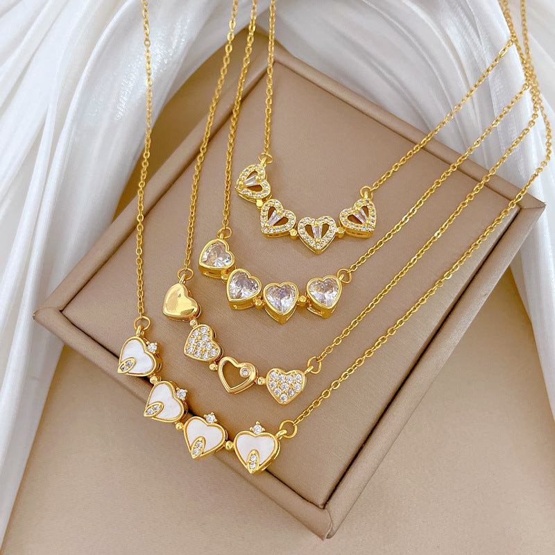 Women’S Necklace Two-Piece Heart-To-Heart Opening And Closing Four-Leaf Flower Full Diamond All-Match Clavicle Chain Titanium Steel