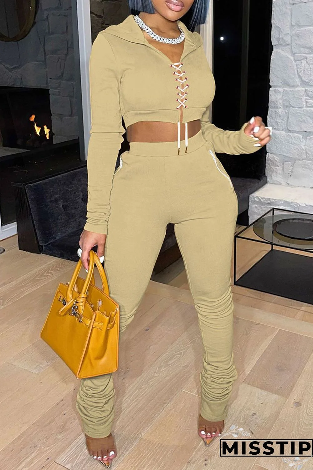 Khaki Fashion Casual Solid Bandage Fold Hooded Collar Long Sleeve Two Pieces
