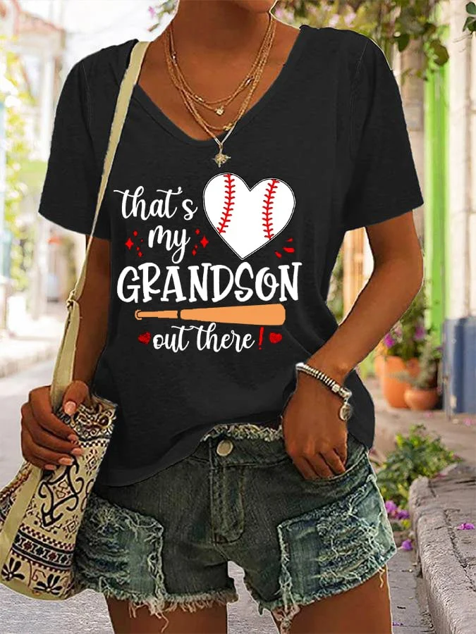 Women's That's My Grandson Out There Baseball Grandma V-Neck Tee socialshop