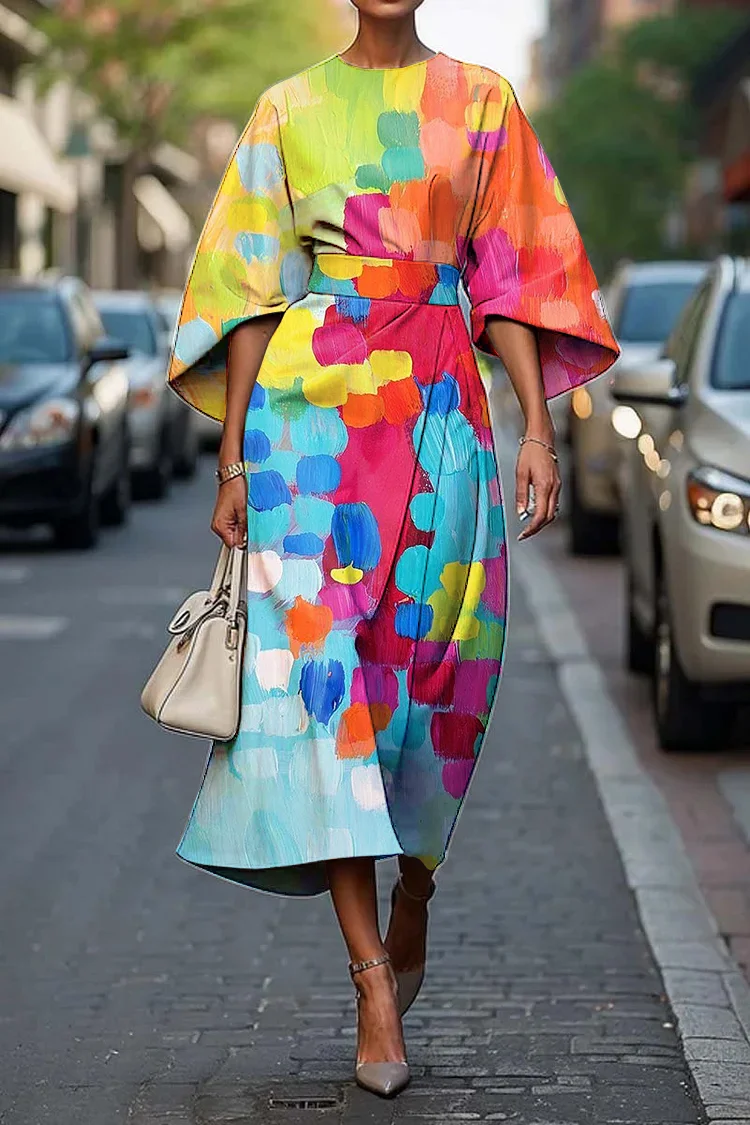 Women's Vintage Elegant Color Block Art Print Midi Dress