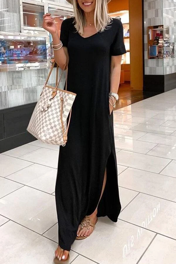 Womens V-neck Casual Pocket Split Dress-Allyzone-Allyzone