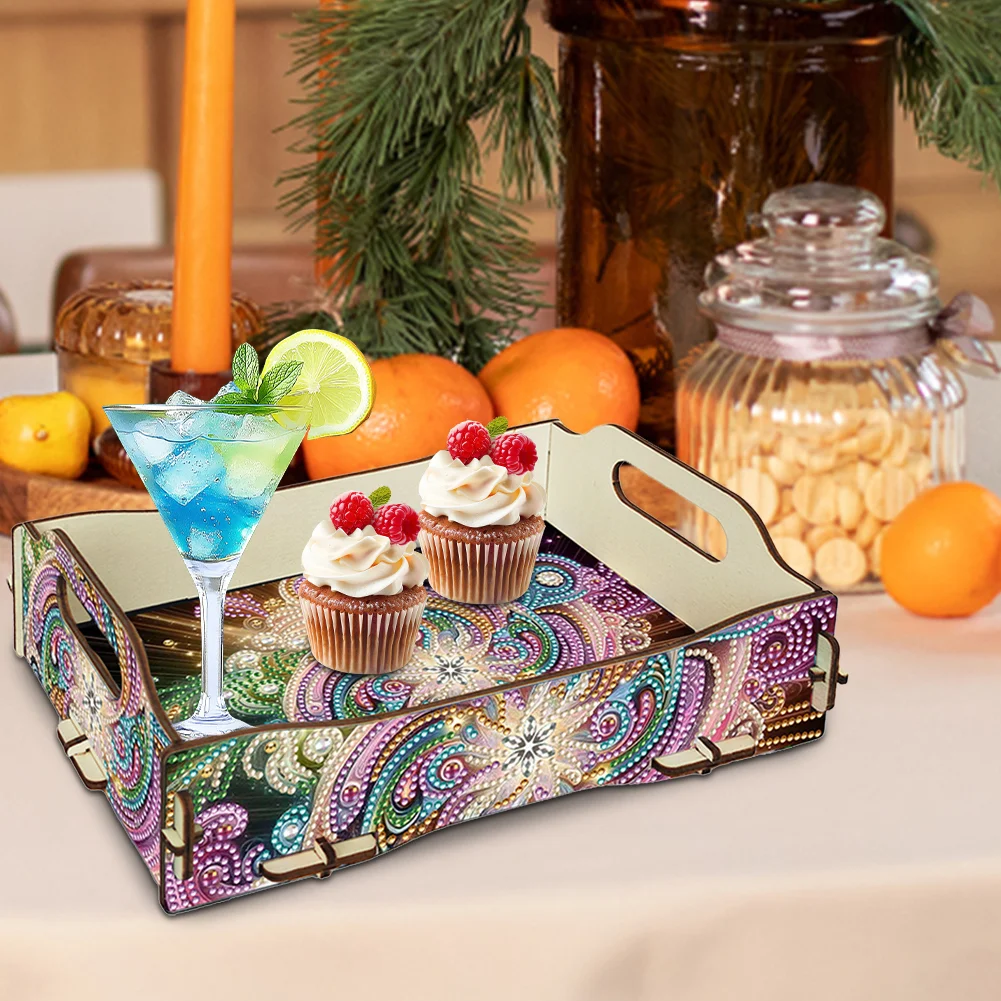 5D DIY Vortex Diamond Painting Wooden Serving Tray with Handle for Coffee Table