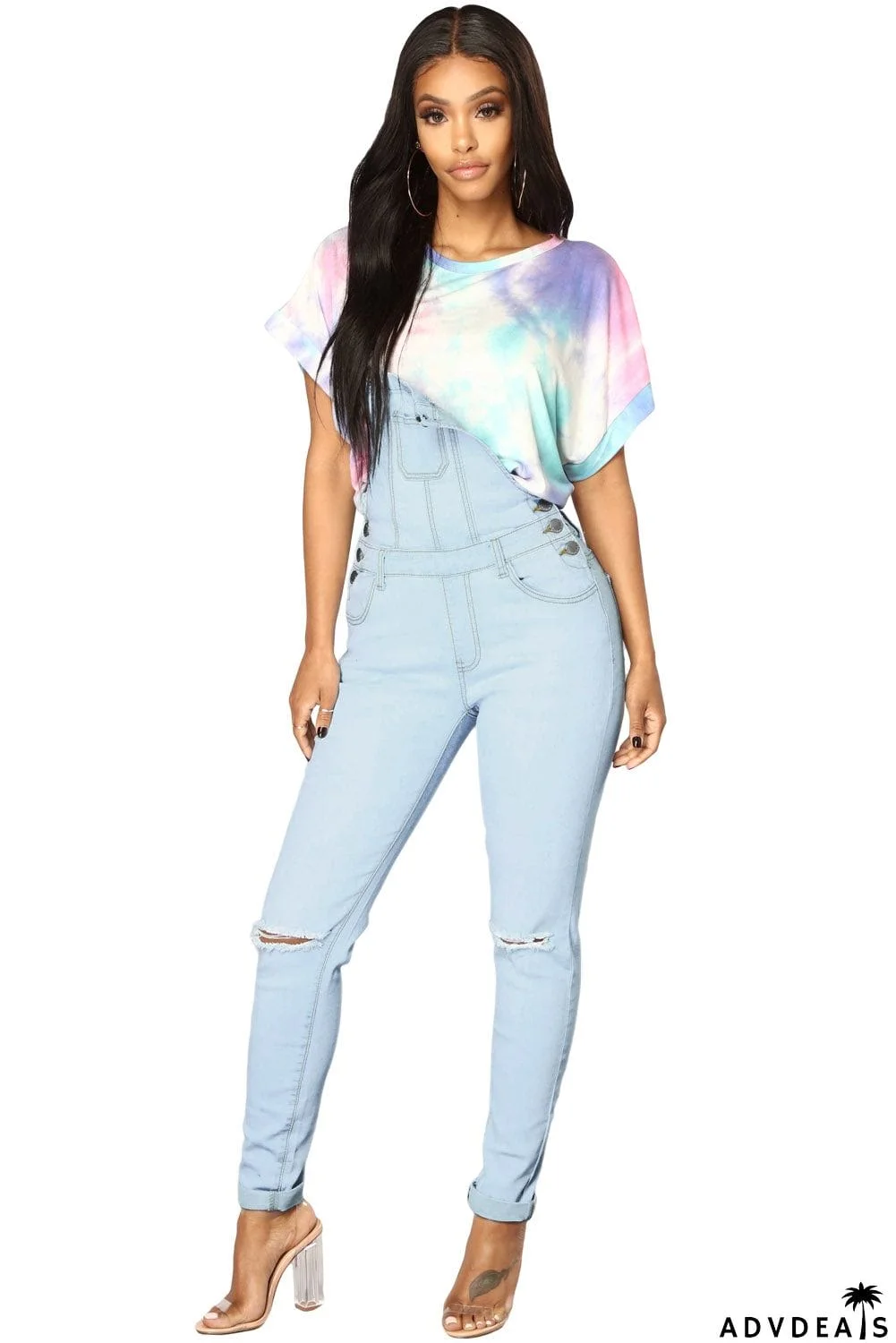 Light Blue Wash Knee Slit Denim Overalls