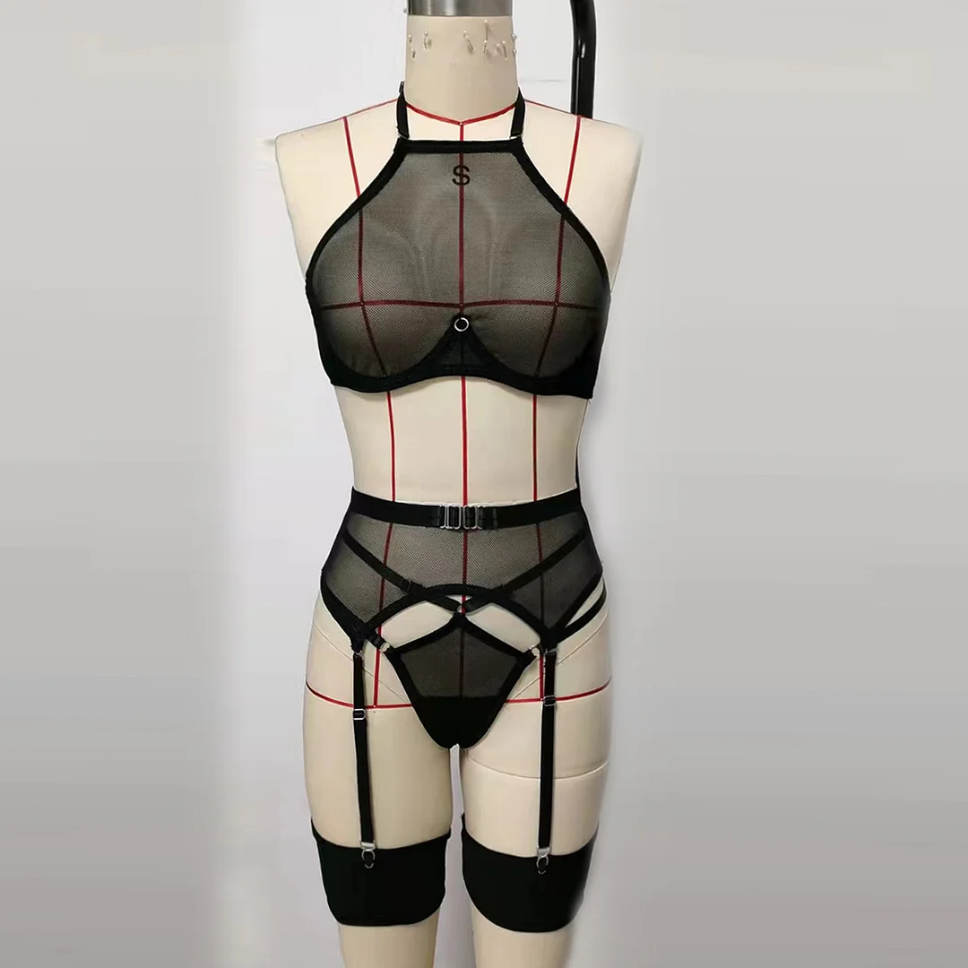 Billionm Halter Bandage Lingerie Women Sexy Black Underwear Intimate See Through Push Up Bra and Panty with Garter Bralette Under Wear