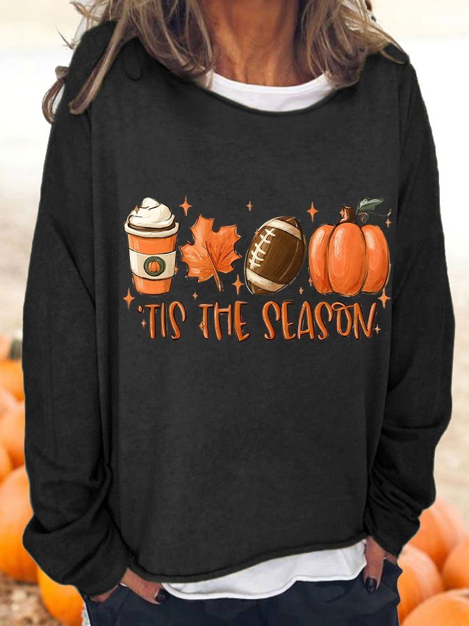 Women's TIS THE SEASON football latte leaves Pumpkin Fall T-Shirt