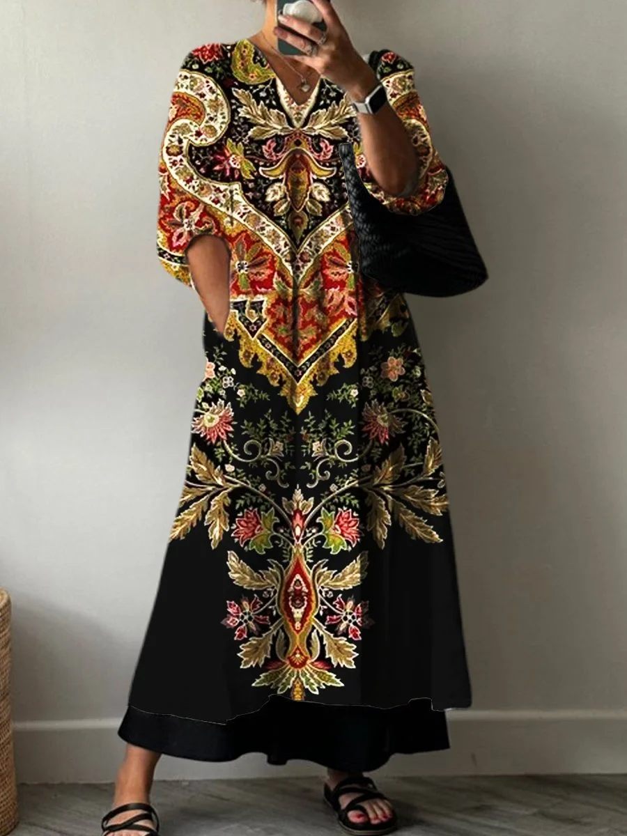 Art Print Pocket V-neck Cotton Dress