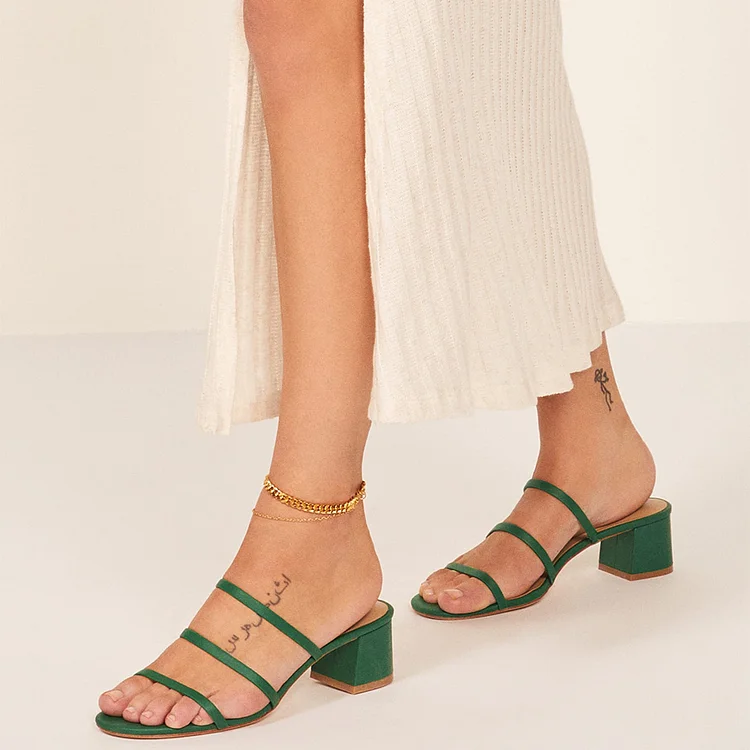 Green Triple Strap Block Heel Mule Sandals |FSJ Shoes