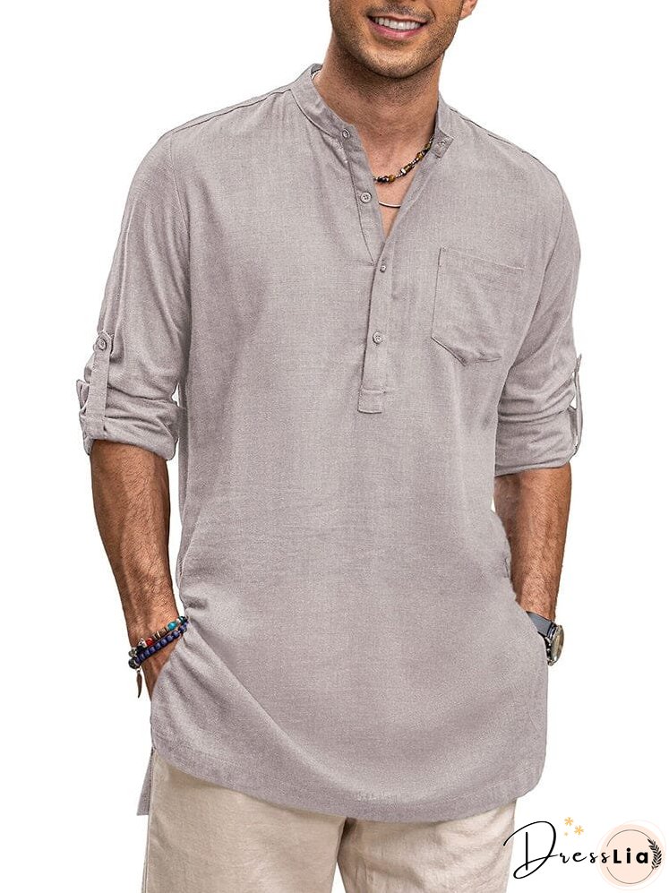 Linen Henley Long Sleeve Shirts with Pocket (US Only)
