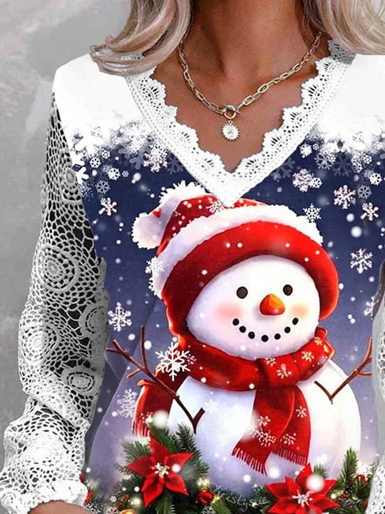 Women Long Sleeve V-neck Snowman Printed Graphic Lace Christmas Tops