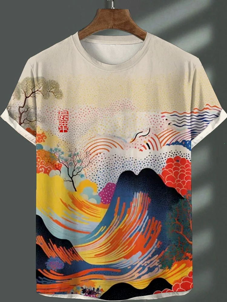 Men's Ukiyo-e Colorful Landscape Pointillism Art Print T-Shirt