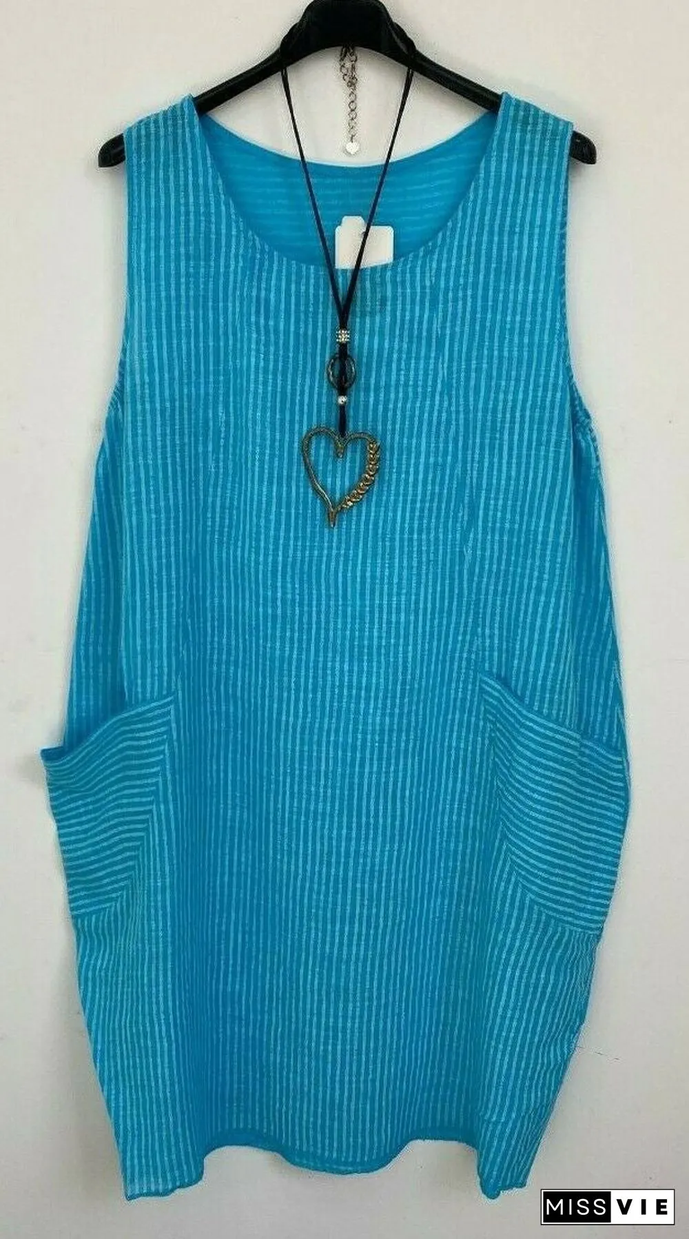 Ladies Stripe Design Summer Linen Cotton Long Pocket Top