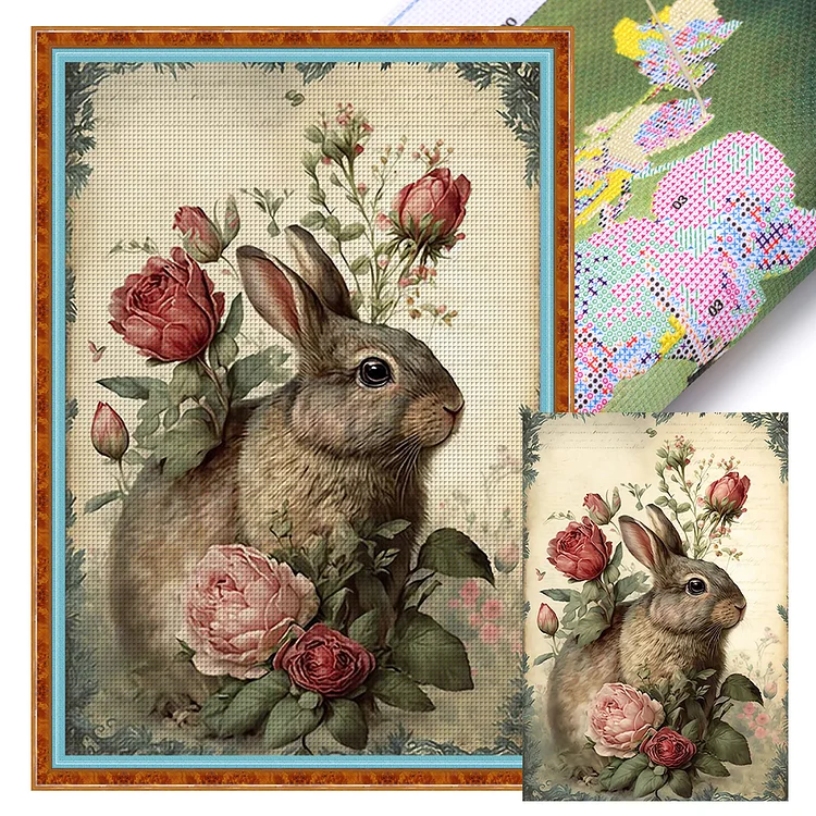 【Huacan Brand】Retro Poster - Bunny With Flowers 11CT Stamped Cross Stitch 40*60CM(28 Colors)