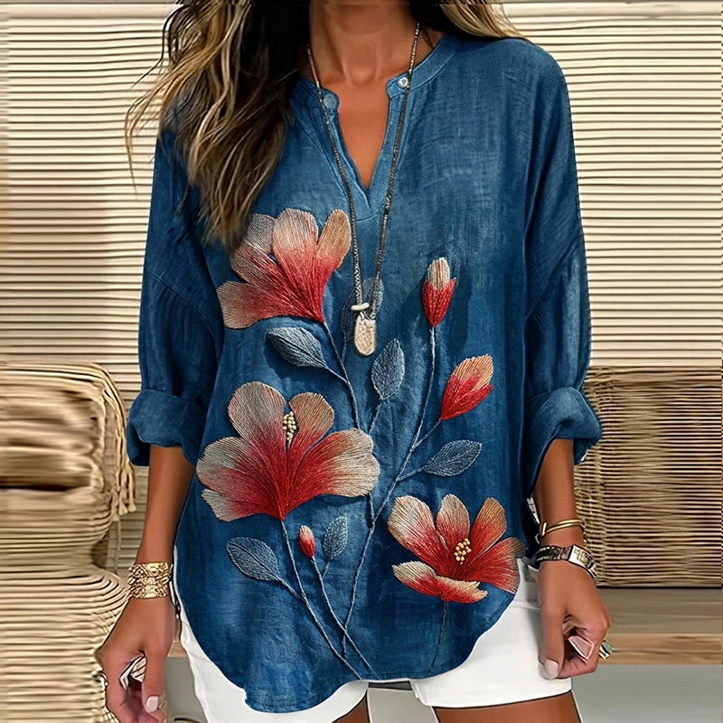 Women's Vintage Hibiscus Floral Print Casual Linen Shirt elevenforest