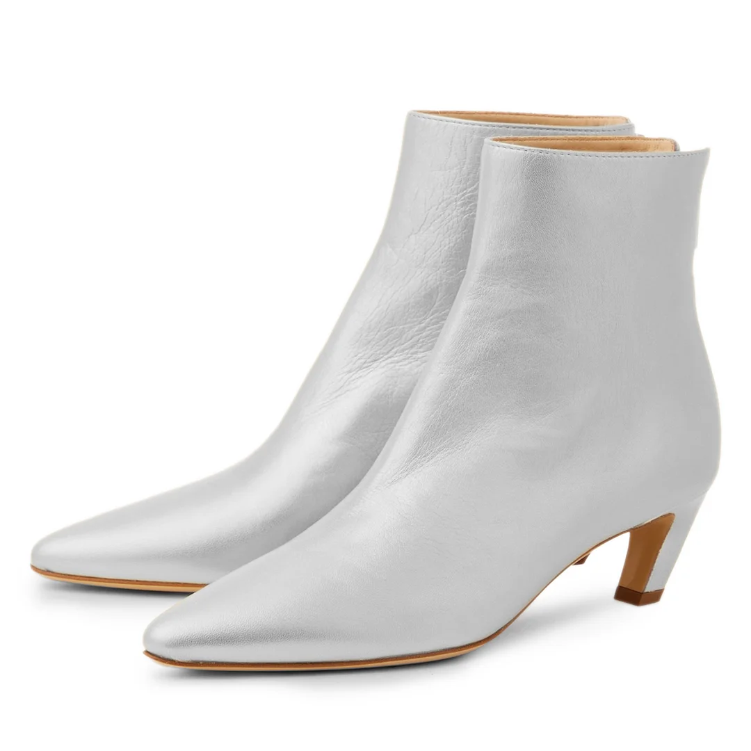 Vegan Leather Pointed Toe Back-Zip Kitten Heel Ankle Boots in Silver