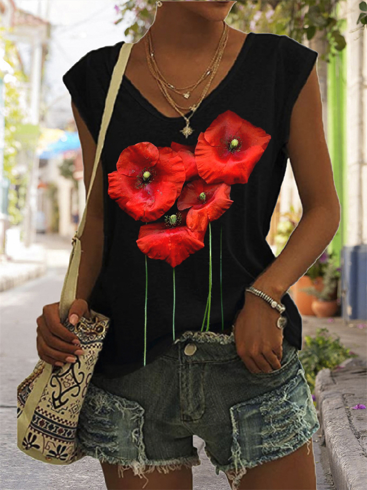 Poppy Botanical Art V Neck Tank Top wearshes