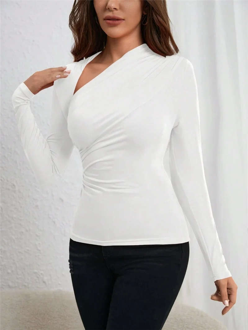 Athvotar Athvotar Spring And Summer Asymmetric Neck Folding Side Long-Sleeved T-Shirt