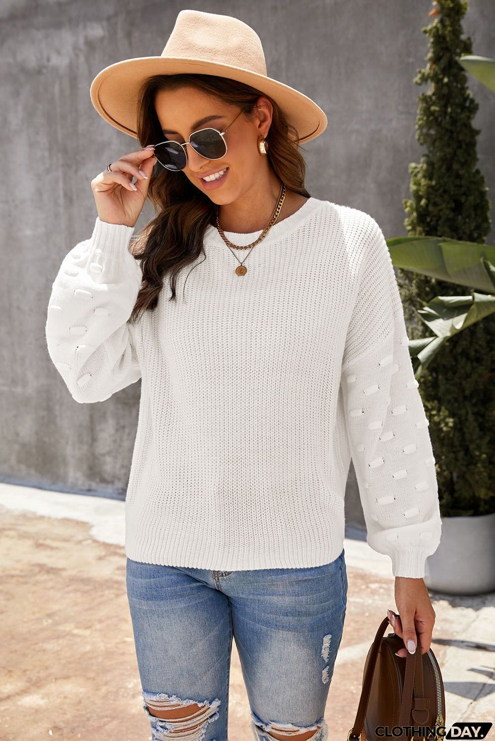 Winter White Bubble Sleeve Cropped Knit Sweater