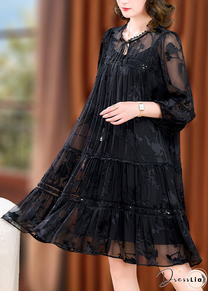 Unique Black Wrinkled Jacquard Patchwork Tulle Mid Dresses Fall