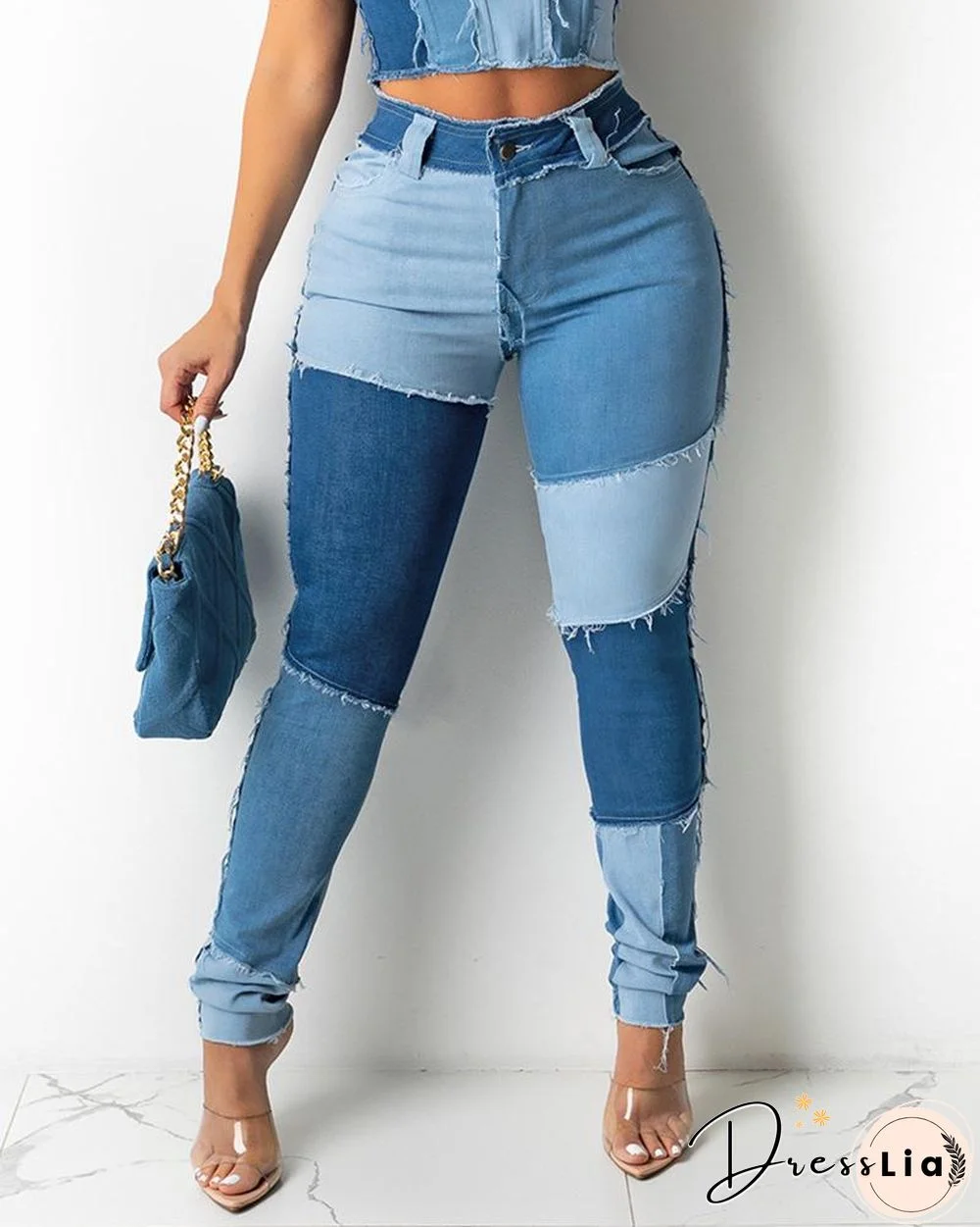 Colorblock Fringe Hem Pocket Design Jeans