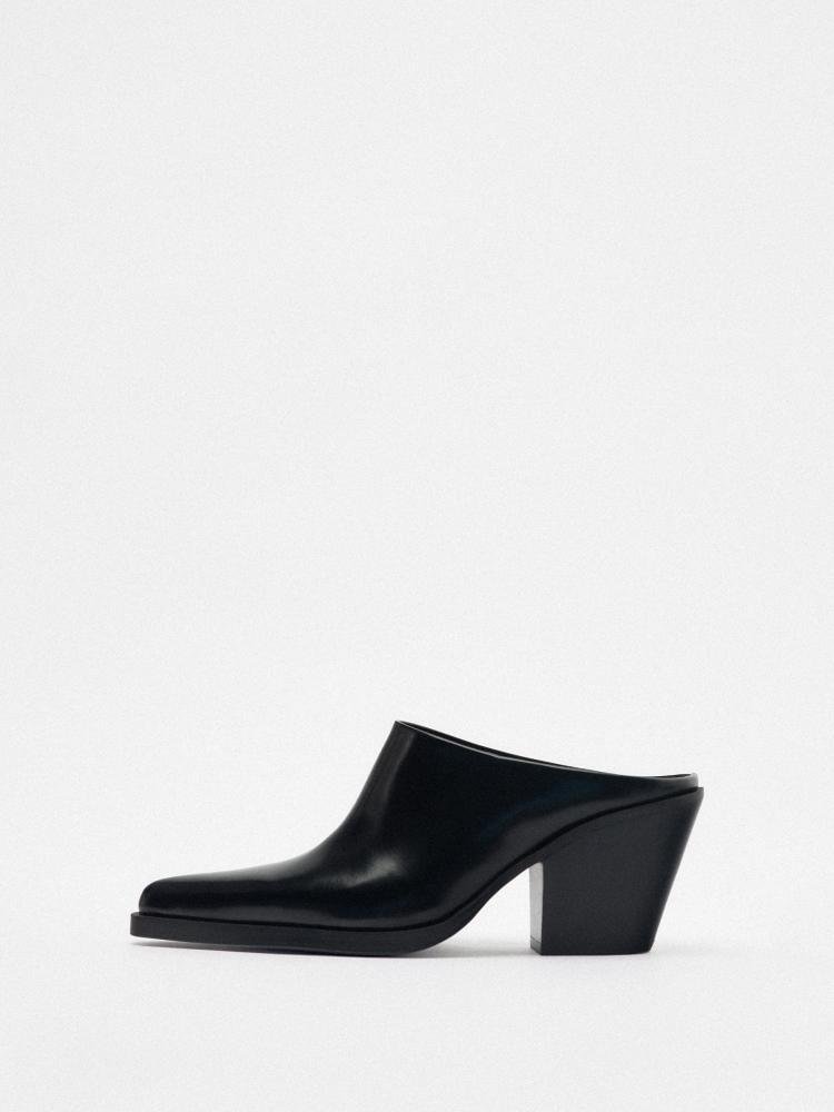 Simple Black Pointed Closed Toe Backless Chunky Heel Mules