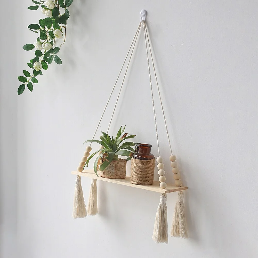 2 pcs Wall Shelves Macrame Plant Storage Hanging Wooden Shelf Boho Home Decor Girls Living Room Decoration Bedroom Candle