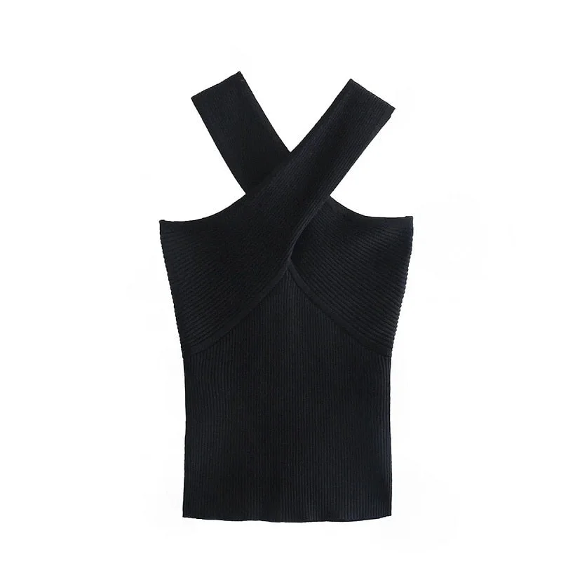 Elegant Black Simple Cross Strap Knitted Tanks Top 2021 New Summer Camisole Sleeveless Underwear Overlapping Blouse