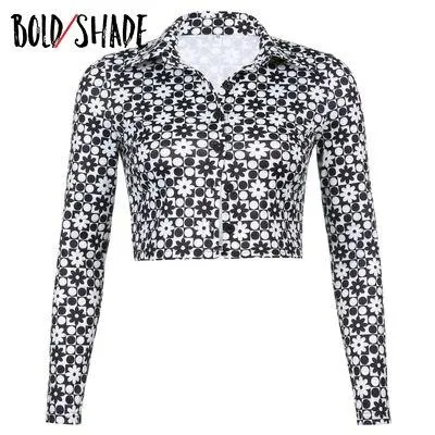 Bold Shade Retro 90s Grunge Style Crop Blouse Floral Print Long Sleeve Button Breasted Slim Shirts Women Indie Aesthetic Blouses