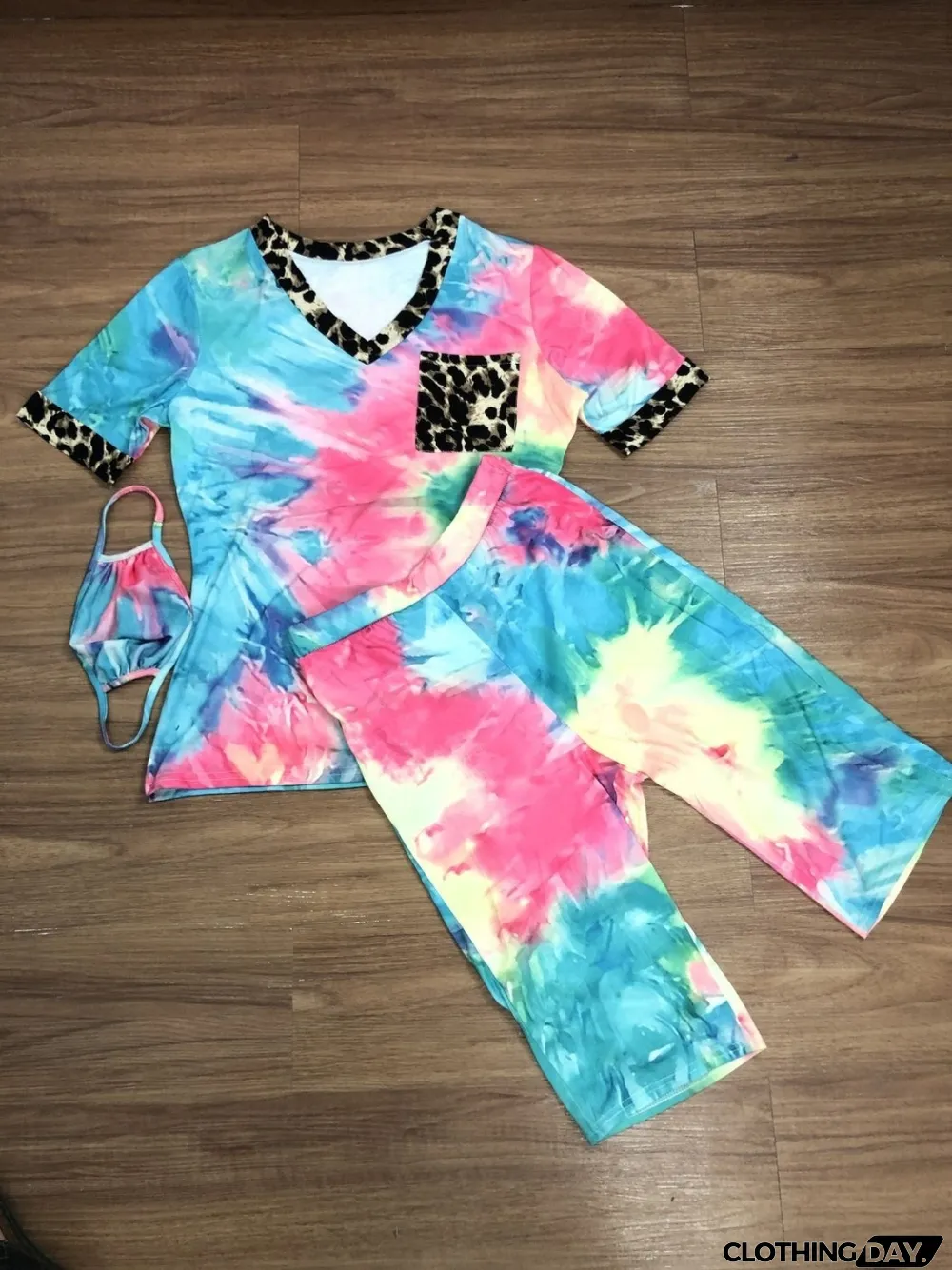 Summer Tie Dye Two Piece Shorts Set with Face Cover
