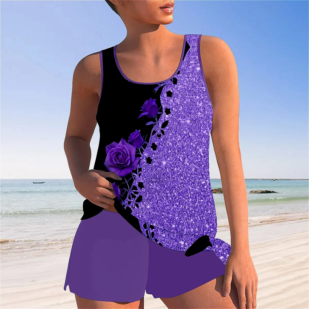 Bowknot Purple,Floral,Glitter Mid Waisted Tankini Set - Plus Size Available